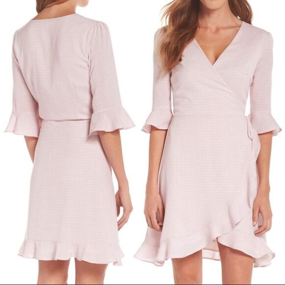 First Monday Pink and White Gingham Ruffle Trim Wrap Dress Small Coquette - Picture 1 of 8